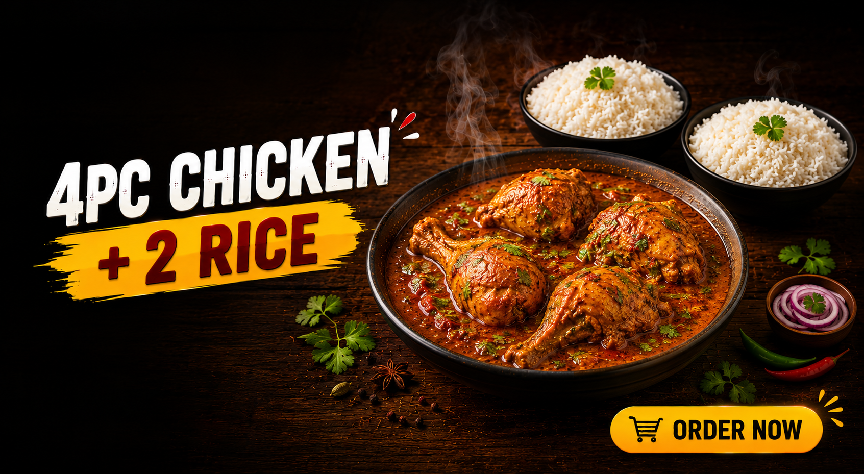 Desi Food Fever 4PC Chicken and 2 rice banner